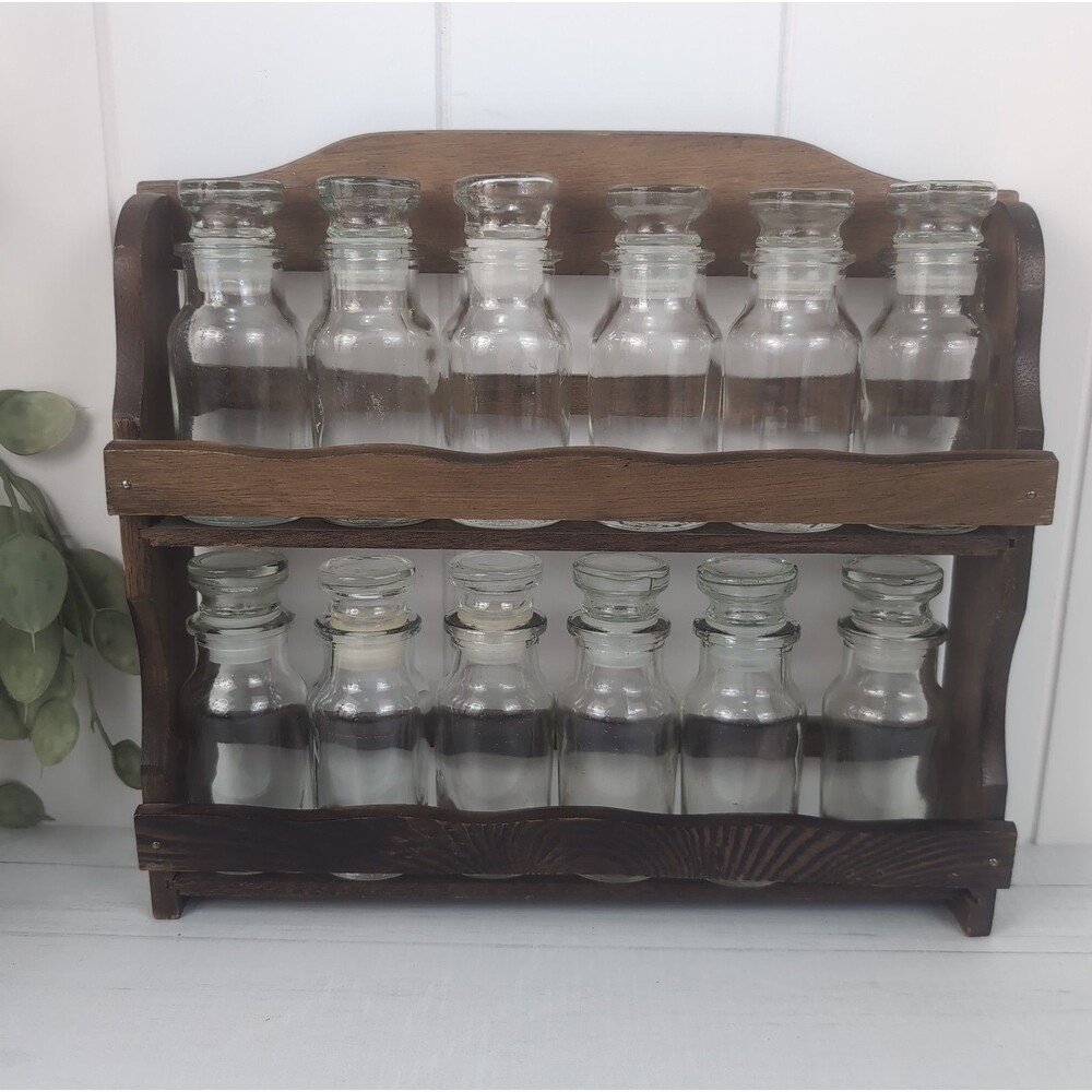 Vintage 2-Tier Wood Spice Rack 12 Glass Jars Bottles Freestanding Wall Mount